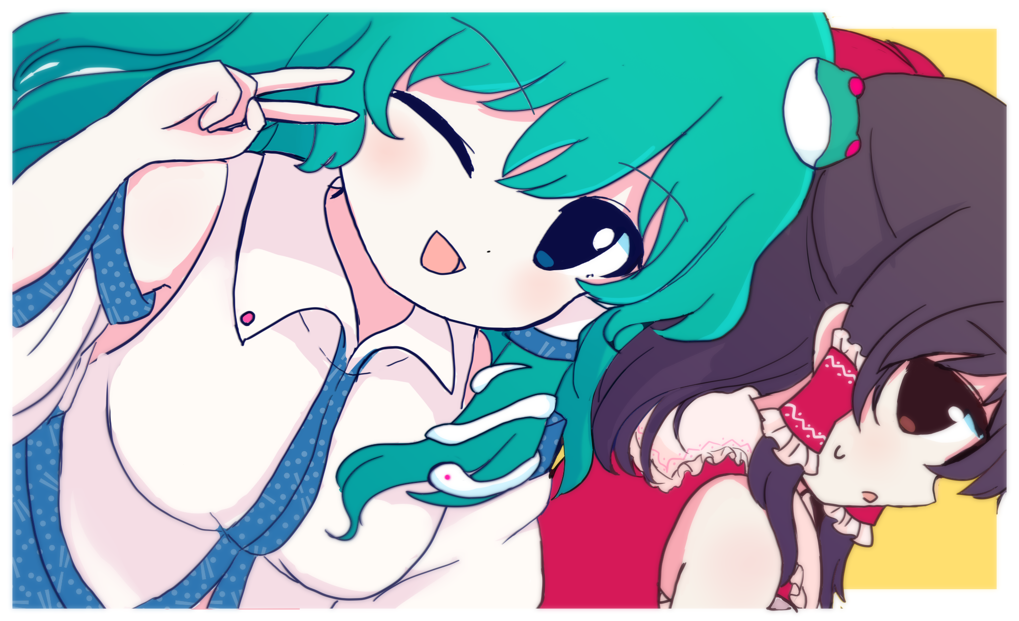azuma meri, kochiya sanae, touhou, commentary request, highres, 2girls, :d, :o, bare shoulders, blue eyes, blue skirt, bow, breasts, brown eyes, brown hair, chest sarashi, collared shirt, detached sleeves, dot nose, double-parted bangs, frilled hair tubes, frills, frog hair ornament, green hair, hair bow, hair ornament, hair tubes, large breasts, long hair, long sleeves, looking at viewer, multiple girls, one eye closed, open mouth, patterned clothing, print skirt, red bow, sarashi, shirt, sidelocks, simple background, single hair tube, single sidelock, skirt, skirt set, sleeveless, sleeveless shirt, smile, snake hair ornament, sweatdrop, upper body, v, wide sleeves, wing collar, yellow background
