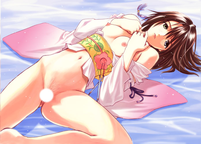 akamatsu ken, magi (cu-little2), yuna, yuna (ff10), final fantasy, final fantasy x, 00s, 1girl, bottomless, breasts, brown hair, censored, female focus, female pubic hair, heterochromia, japanese clothes, kimono, open clothes, pubic hair, short hair, solo