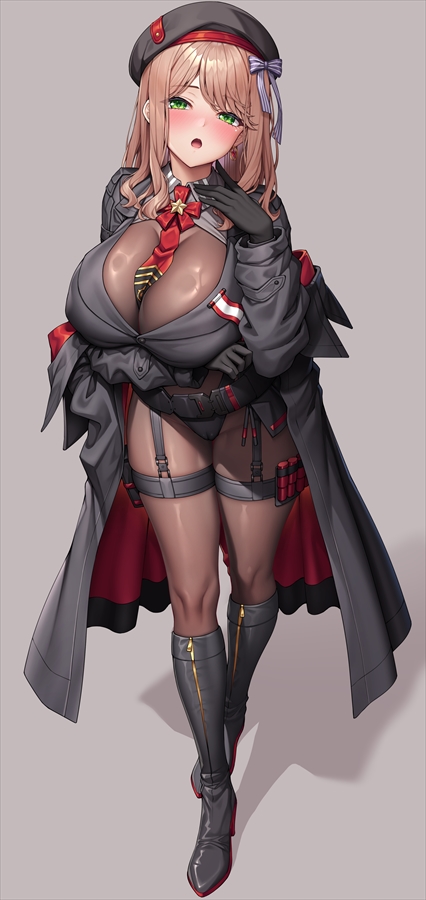lambda (kusowarota), emma (nikke), emma (tactical upgrade) (nikke), goddess of victory: nikke, black bodystocking, commentary request, 1girl, ammunition belt, arm under breasts, belt, between breasts, black boots, black gloves, black hat, black jacket, blush, boots, bow, breasts, brown hair, cameltoe, full body, gloves, green eyes, hair bow, hat, high heels, huge breasts, jacket, knee boots, long hair, looking at viewer, necktie, necktie between breasts, official alternate costume, open mouth, red necktie, solo, standing, striped bow, thigh strap, utility belt