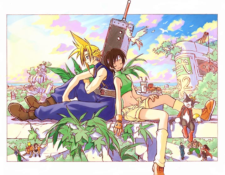 akamatsu ken, magi (cu-little2), cait sith (final fantasy), cid highwind, cloud strife, red xiii, reeve tuesti, tifa lockhart, vincent valentine, yuffie kisaragi, final fantasy, final fantasy vii, mcdonald's, 1990s (style), 2girls, 5boys, bird, brown hair, burger, buster sword, cape, closed eyes, drink, fingerless gloves, food, gloves, headband, midriff, multiple boys, multiple girls, open fly, plant, polearm, retro artstyle, ruins, short hair, shorts, sleeping, sleeveless, sleeveless turtleneck, spear, sword, tail, turtleneck, unzipped, weapon