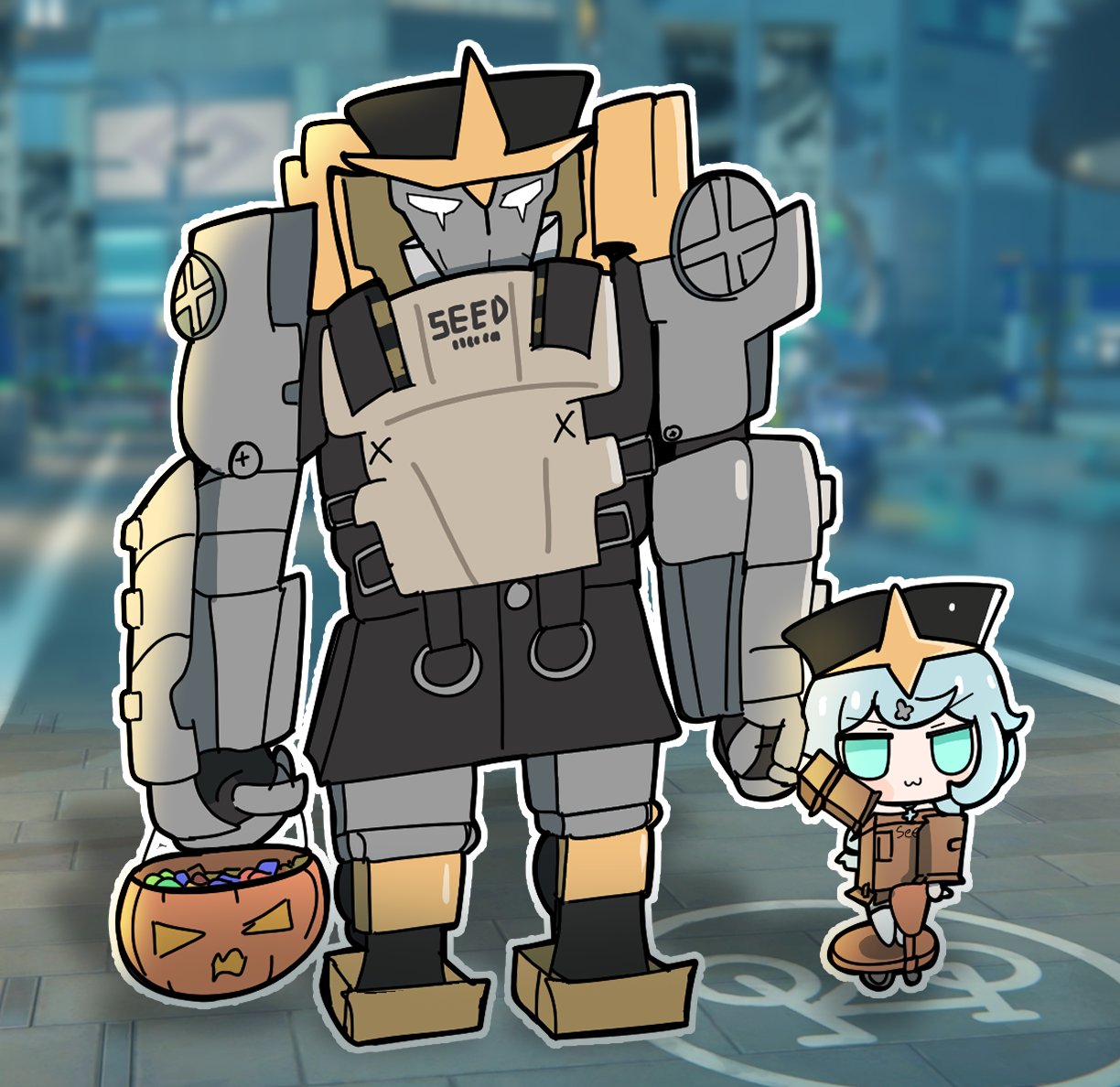 nepnepping, seed (zenless zone zero), zenless zone zero, 1girl, 1other, ammunition pouch, blue eyes, blue hair, box, cardboard, cardboard box, hair ornament, hairpin, halloween, halloween bucket, halloween costume, hat, holding hands, joints, mecha, mechanical arms, mechanical legs, pouch, pumpkin, road, robot, seed sr., segway, sign, street, wavy mouth