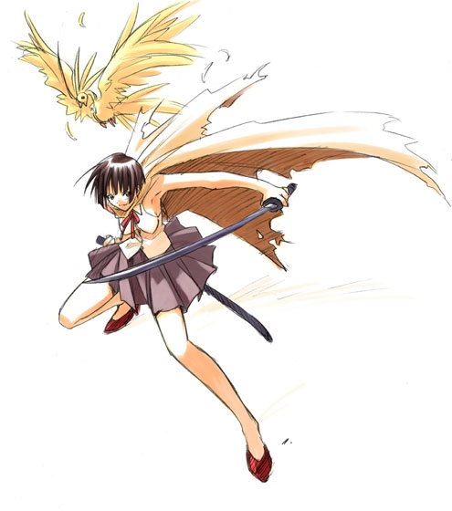akamatsu ken, magi (cu-little2), aoyama motoko, shippuu (love hina), love hina, 1girl, armpits, bird, black hair, breasts, cape, cloak, crane (animal), feathers, female focus, fighting stance, full body, holding, holding sword, holding weapon, legs apart, outstretched arm, pleated skirt, ribbon, sheath, shoes, short hair, simple background, skirt, solo, sword, tank top, torn clothes, unsheathed, weapon, white background