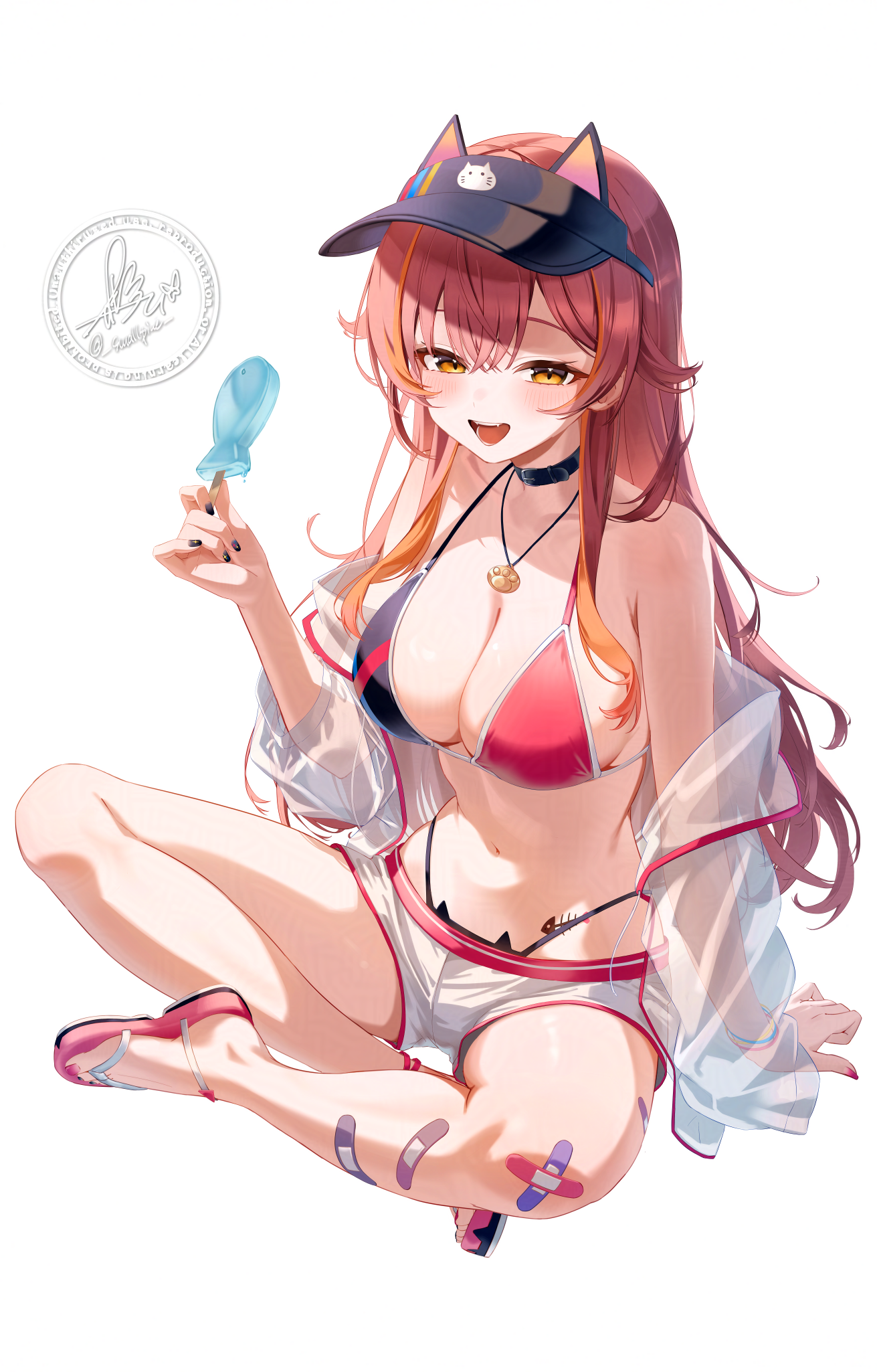 smallpine 7, nekota tsuna, nekota tsuna (summer c102), vspo!, highres, 1girl, :d, bandaid, bandaid on knee, bandaid on leg, bikini, black bikini, black collar, black hat, breasts, cat ear bikini, cleavage, collar, crossed bangs, food, full body, hair between eyes, hair flaps, hand up, hat, hat with ears, highleg, highleg bikini, holding, holding food, holding popsicle, indian style, jacket, jewelry, large breasts, long hair, long sidelocks, looking at viewer, multicolored bikini, multicolored hair, nail polish, navel, necklace, off shoulder, open mouth, orange hair, popsicle, red bikini, red hair, see-through clothes, see-through jacket, short shorts, shorts, sidelocks, simple background, sitting, slit pupils, smile, solo, streaked hair, swimsuit, thighhighs, toenail polish, toenails, toes, two-tone bikini, very long hair, virtual youtuber, visor cap, white background, white shorts