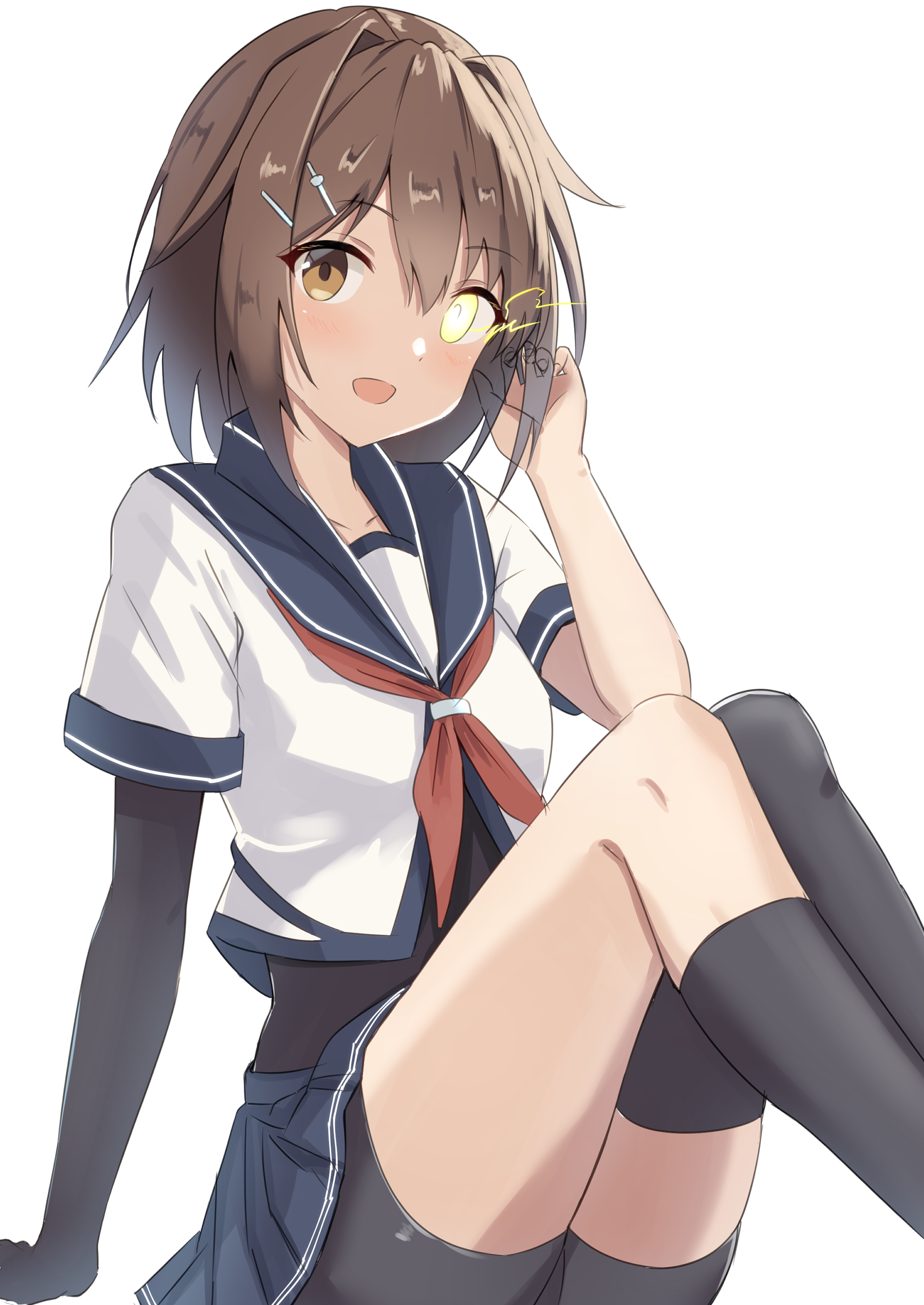 sukimizaki, furutaka (kancolle), kantai collection, absurdres, highres, 1girl, bodysuit, breasts, brown hair, elbow gloves, gloves, glowing, glowing eye, heterochromia, neckerchief, red neckerchief, sailor collar, school uniform, serafuku, short hair, simple background, single elbow glove, single thighhigh, skirt, small breasts, solo, thighhighs, white background, yellow eyes