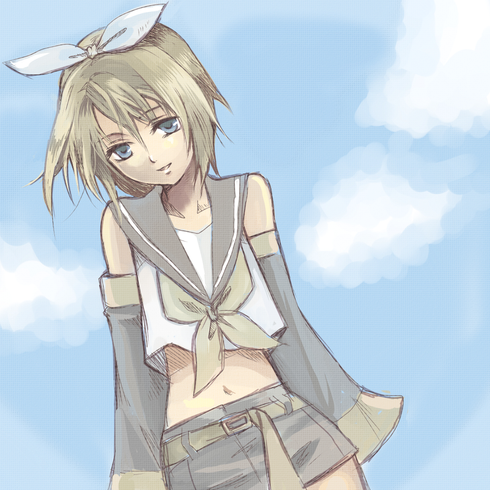 nanami ka zu sa, nanami kazusa, nanamix, kagamine rin, vocaloid, bad id, bad pixiv id, 1girl, detached sleeves, female focus, midriff, solo