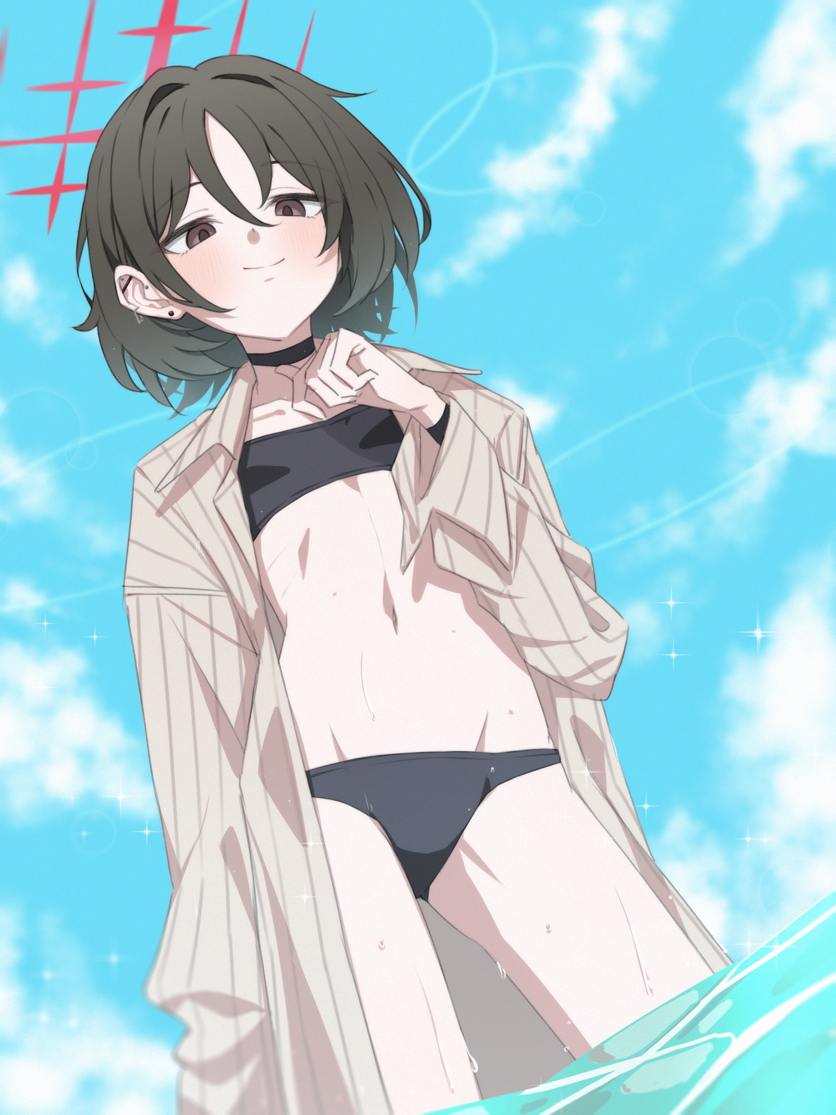 take mawile, misaki (blue archive), misaki (swimsuit) (blue archive), blue archive, absurdres, highres, 1girl, bikini, black bikini, breasts, choker, halo, navel, short hair, sky, small breasts, solo, swimsuit