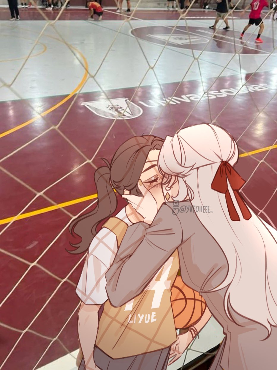 foiii, beidou (genshin impact), ningguang (genshin impact), genshin impact, commentary, english commentary, highres, photo-referenced, 2girls, basketball, basketball uniform, blush, brown hair, closed eyes, earrings, grey jacket, hair ribbon, jacket, jersey, jewelry, kiss, long hair, long sleeves, multiple girls, orange shirt, photo background, red ribbon, ribbon, school uniform, shirt, sportswear, twitter username, white hair, yuri