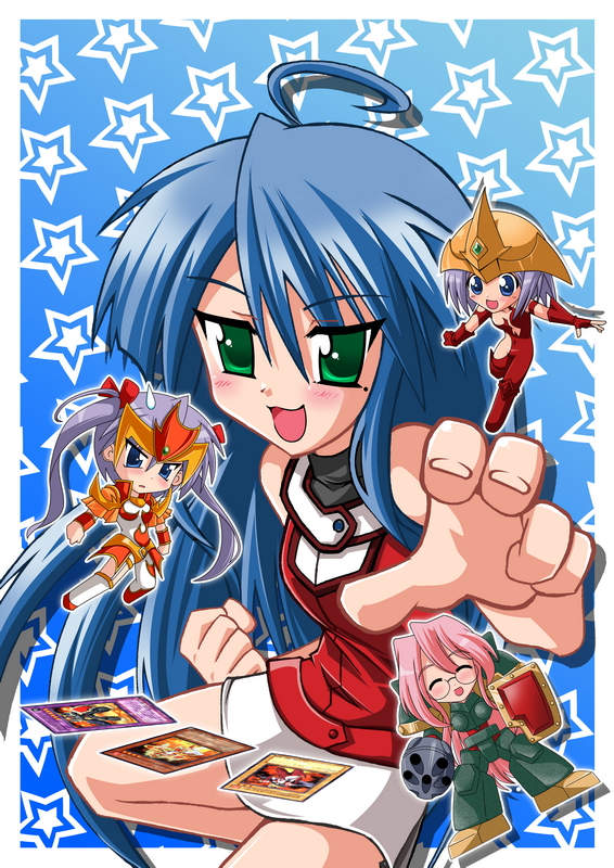 bunji, burstinatrix, elemental hero burstinatrix, elemental hero lady heat, elemental hero rampart blaster, hiiragi kagami, hiiragi tsukasa, izumi konata, takara miyuki, lucky star, yu-gi-oh!, yu-gi-oh! gx, md5 mismatch, 4girls, ahoge, armor, blue eyes, blue hair, blush, card, chibi, clenched hand, clenched hands, closed eyes, cosplay, duel monster, elemental hero burstinatrix (cosplay), elemental hero lady heat (cosplay), elemental hero rampart blaster (cosplay), fingerless gloves, floating card, glasses, gloves, green eyes, helm, helmet, lady heat, long hair, mini person, minigirl, mole, mole under eye, multiple girls, osiris red uniform, parody, pink hair, purple hair, rampart blaster, shield, short hair, siblings, sisters, skirt, star (symbol), sweatdrop, twins, twintails, very long hair, yu-gi-oh (card)