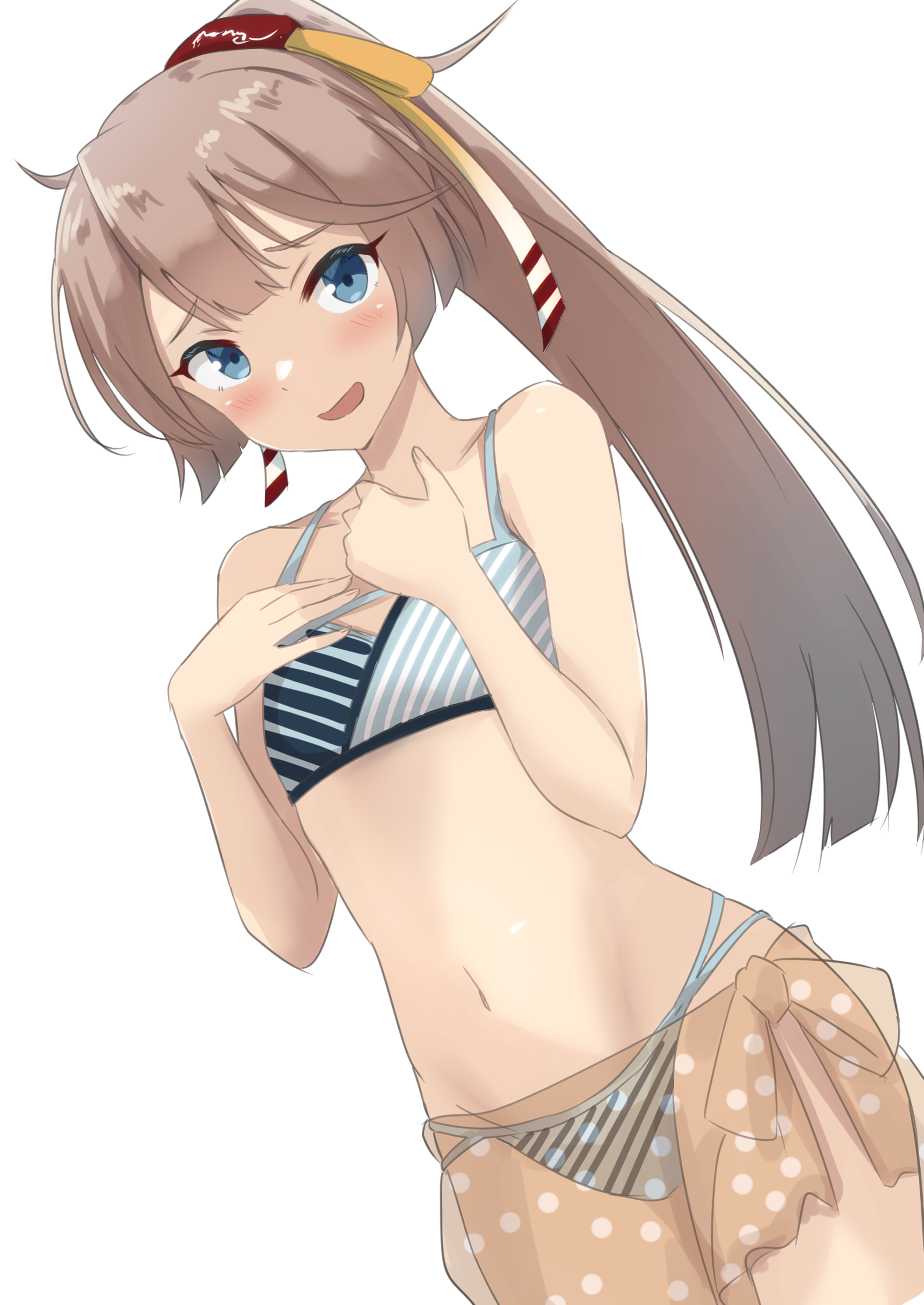 sukimizaki, kazagumo (kancolle), kazagumo (swimsuit) (kancolle), kantai collection, absurdres, highres, 1girl, ?, bikini, blue eyes, brown hair, cowboy shot, dutch angle, flat chest, hair ribbon, long hair, looking at viewer, multicolored bikini, orange sarong, polka dot, polka dot sarong, ponytail, ribbon, sarong, see-through clothes, see-through sarong, signature, simple background, solo, striped bikini, striped clothes, swimsuit, white background