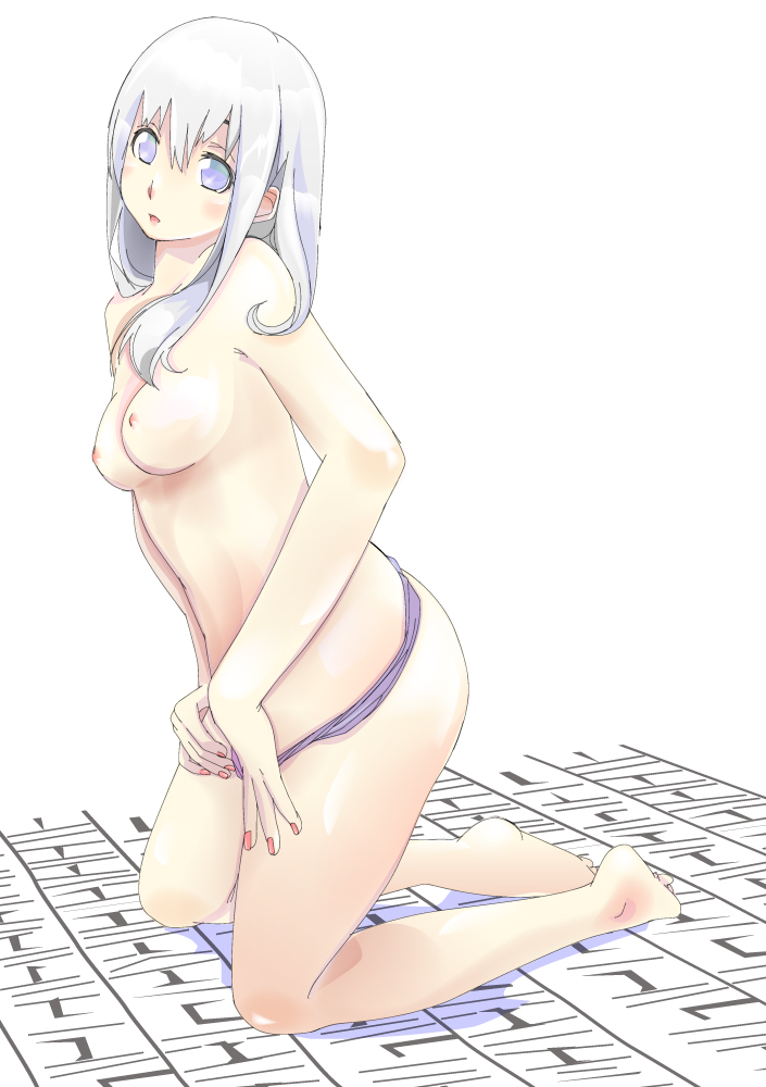 akino (artist), original, silver hair, 1girl, barefoot, breasts, female focus, kneeling, nail polish, nipples, panties, panty pull, pink nails, solo, topless female, underwear