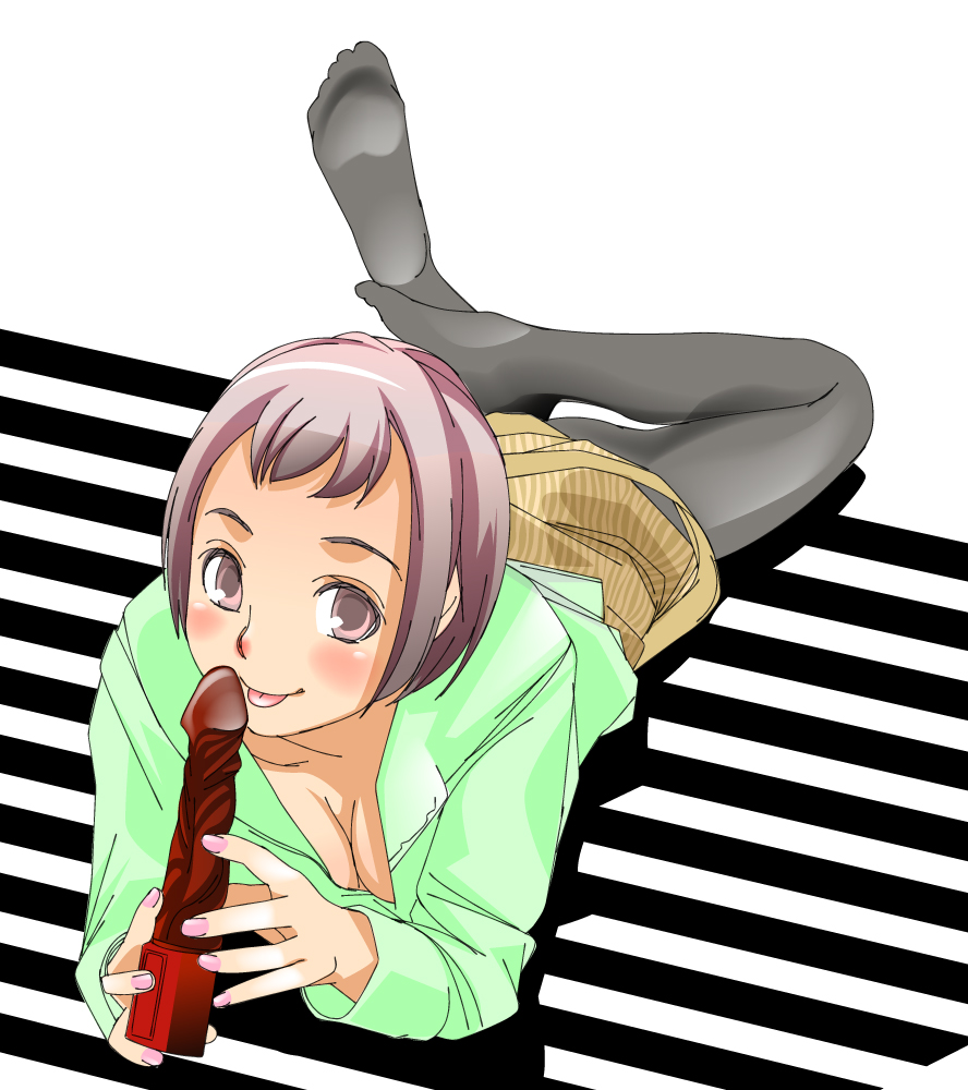 akino (artist), original, 1girl, breasts, casual, cleavage, dildo, feet, female focus, large breasts, licking, looking at viewer, lying, nail polish, pantyhose, pink nails, sex toy, skirt, smile, soles, solo, tongue, vibrator