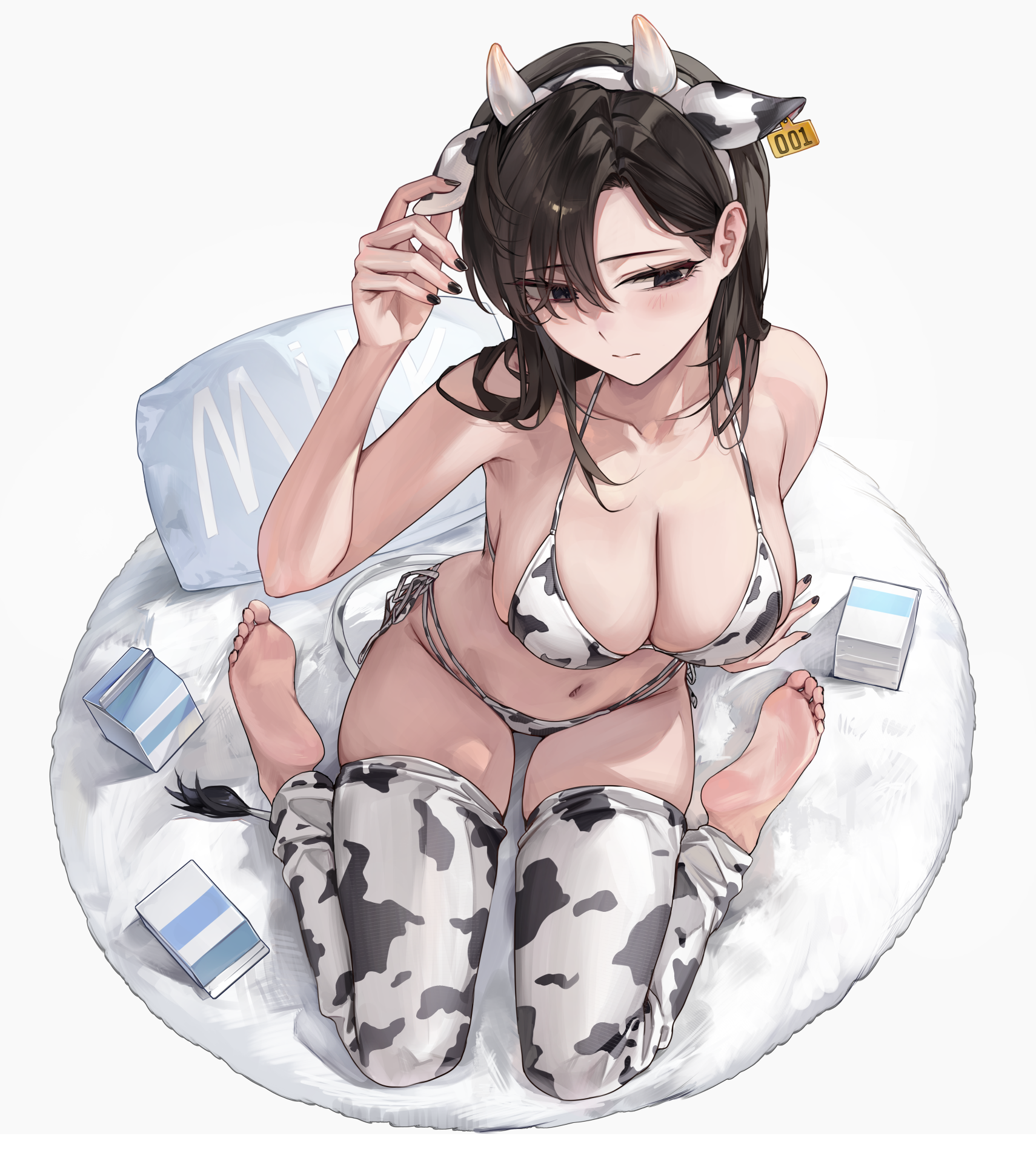 sabotensuteeki, original, highres, 1girl, animal ears, animal print, bare shoulders, barefoot, bikini, black eyes, black hair, blush, breasts, cleavage, closed mouth, collarbone, cow ears, cow horns, cow print, cow print bikini, ear tag, feet, hair between eyes, hairband, horns, large breasts, long hair, navel, print bikini, sitting, soles, solo, stomach, swimsuit, thighhighs, toes, wariza