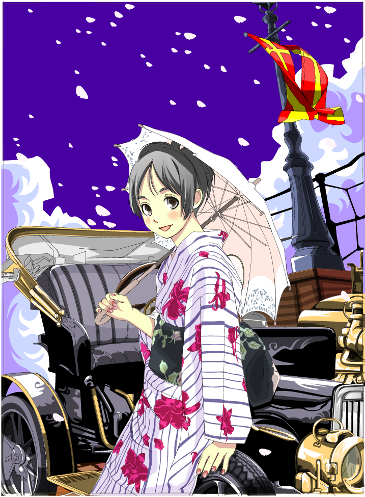 akino (artist), car, cherry blossoms, flag, grey hair, japanese clothes, motor vehicle, nail polish, petals, short hair, solo, umbrella