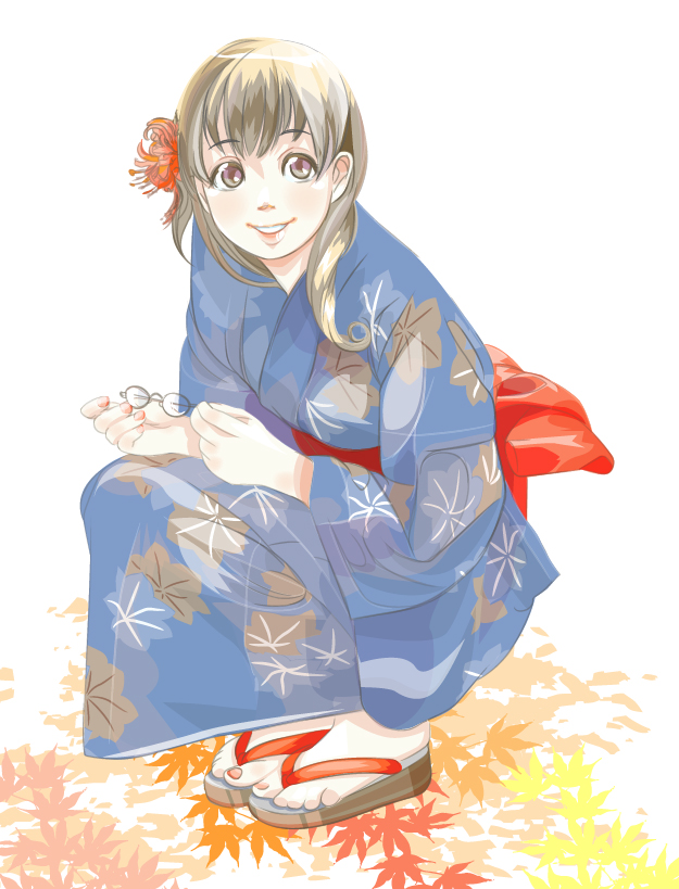 akino (artist), autumn, brown hair, flower, glasses, hair ornament, holding, holding removed eyewear, japanese clothes, leaf, nail polish, smile, squatting, unworn eyewear