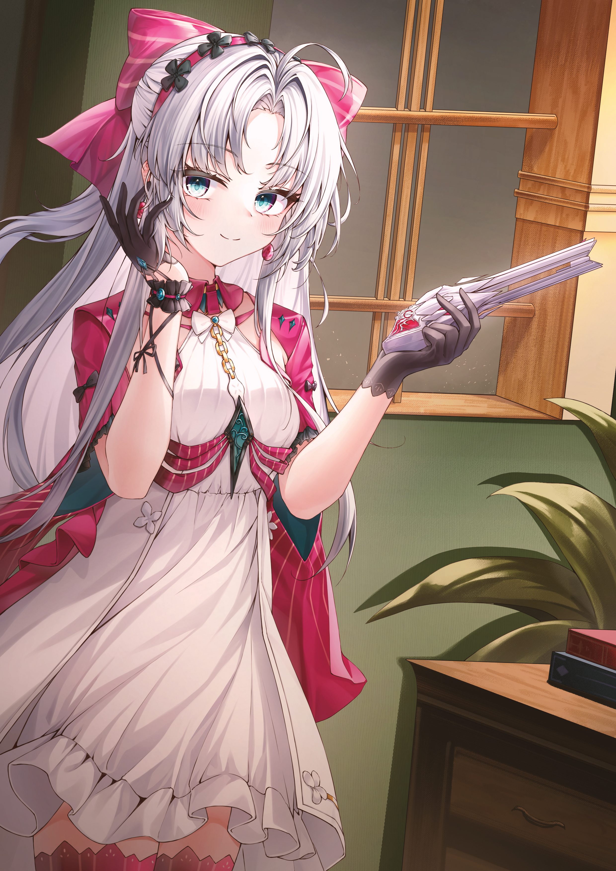 ichizon, carlotta (wuthering waves), wuthering waves, absurdres, commentary, highres, 1girl, ahoge, aqua eyes, black gloves, bow, breasts, closed mouth, cowboy shot, dress, earrings, gloves, grey hair, gun, hair bow, hairband, hands up, holding, holding gun, holding weapon, indoors, jacket, jewelry, light blush, long hair, looking at viewer, medium breasts, parted bangs, pink bow, pink hairband, pink jacket, pink thighhighs, short hair, smile, solo, standing, striped bow, thighhighs, thighs, weapon, white dress