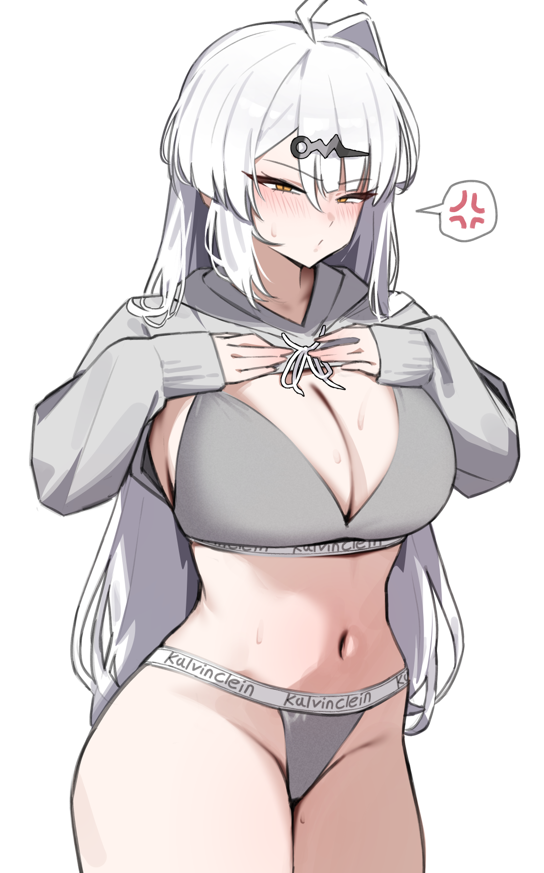 yzr (yzr99), yixuan (zenless zone zero), calvin klein, zenless zone zero, highres, paid reward available, 1girl, alternate costume, anger vein, bra, brand name imitation, breasts, cleavage, cropped hoodie, grey bra, grey hoodie, grey panties, hair ornament, hands on own chest, hood, hoodie, huge breasts, long hair, looking at viewer, navel, panties, sleeves past wrists, solo, spoken anger vein, underwear, white background, white hair, yellow eyes, yin yang pin