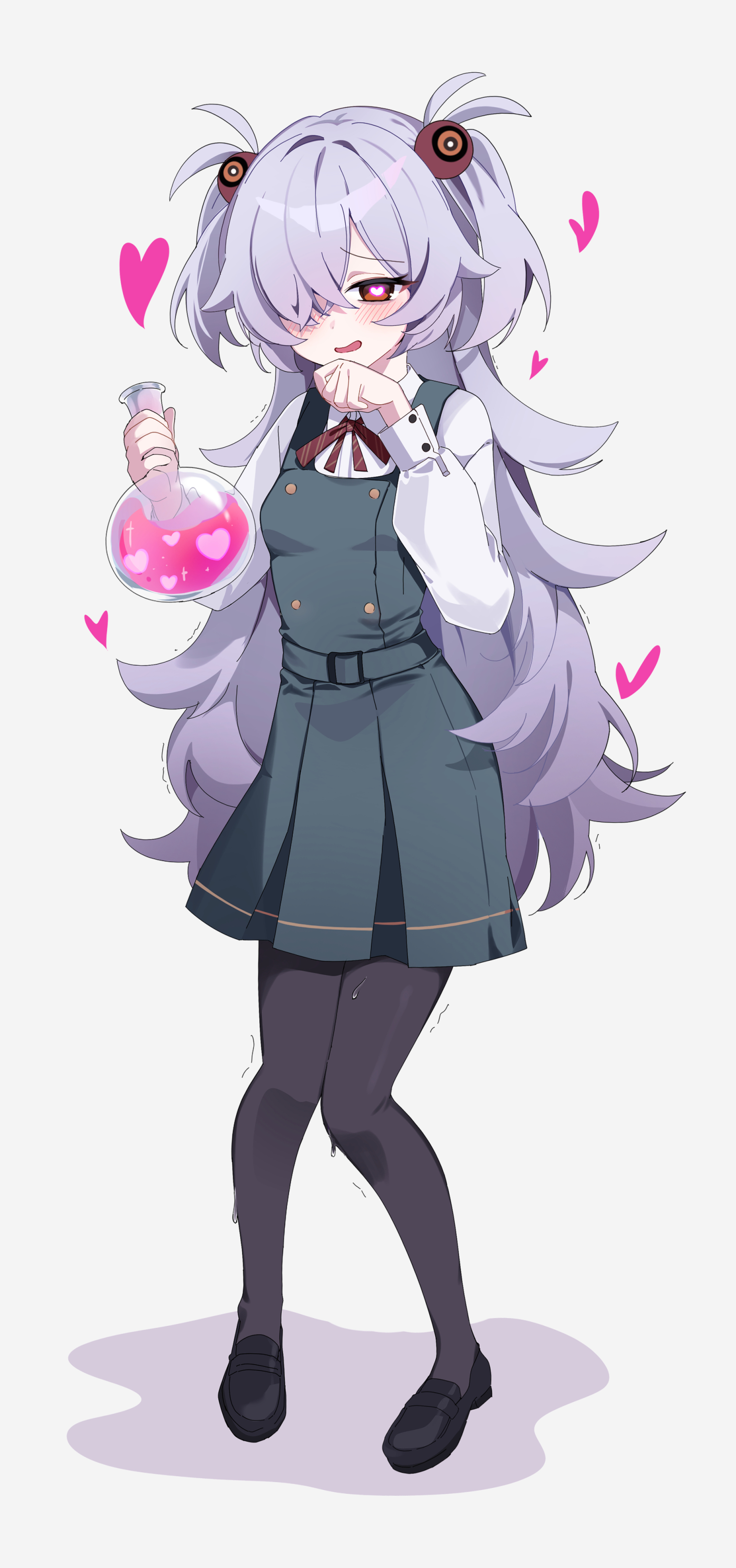 chaum, kanoe (blue archive), blue archive, absurdres, commentary, highres, 1girl, black dress, black pantyhose, breasts, buttons, collared shirt, crossed bangs, curled fingers, diagonal-striped ribbon, double-breasted, dress, flask, full body, furrowed brow, grey hair, hair ornament, hair over one eye, hands up, heart, heart-shaped pupils, holding, holding flask, knees together feet apart, long bangs, long hair, long sleeves, love potion, mary janes, messy hair, motion lines, orange eyes, pale skin, pantyhose, parted bangs, pinafore dress, puffy long sleeves, puffy sleeves, red ribbon, ribbon, round-bottom flask, scar, scar on neck, shirt, shoes, short twintails, sidelocks, simple background, sleeve cuffs, sleeveless, sleeveless dress, small breasts, solo, sphere hair ornament, standing, symbol-shaped pupils, trembling, twintails, very long hair, white background, white shirt