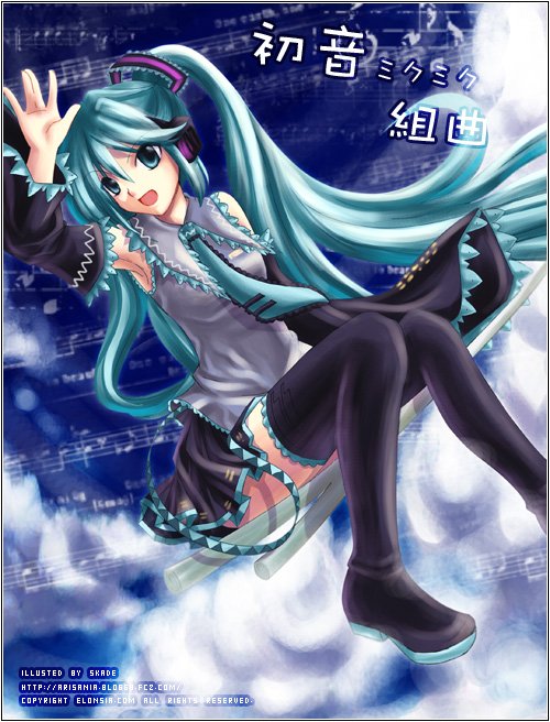 skade, hatsune miku, vocaloid, bad id, bad pixiv id, 1girl, aqua eyes, aqua hair, armpits, beamed quavers, boots, broom, broom riding, detached sleeves, female focus, flat sign, long hair, musical note, musical staff, necktie, parody, quaver, quaver rest, sheet music, sidesaddle, solo, spring onion, thigh boots, thighhighs, twintails, very long hair, waving
