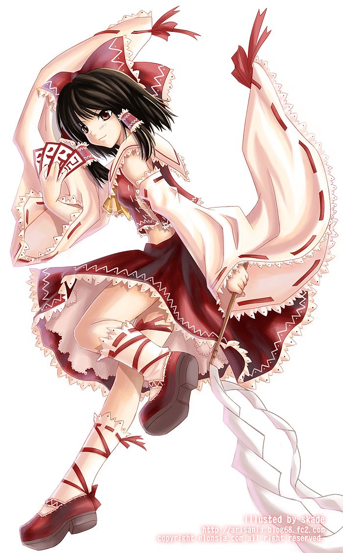 skade, hakurei reimu, imperishable night, touhou, bad id, bad pixiv id, 1girl, artist name, bow, brown eyes, brown hair, detached sleeves, embellished costume, female focus, frills, gohei, hair bow, japanese clothes, kneehighs, leg ribbon, mary janes, miko, ofuda, petticoat, ribbon, shoes, short hair, skirt, skirt set, socks, solo, watermark, web address, white socks, wide sleeves