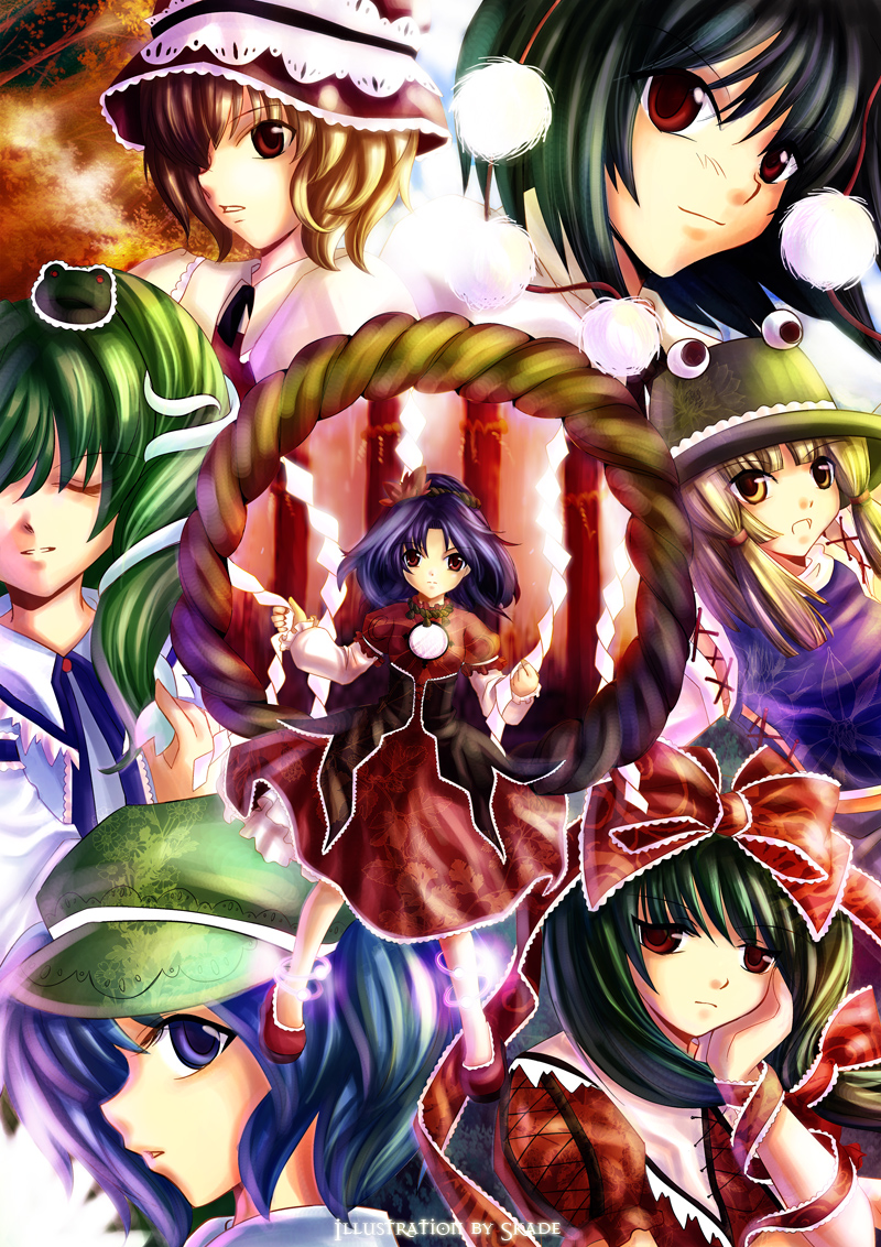 skade, aki minoriko, kagiyama hina, kawashiro nitori, kochiya sanae, moriya suwako, shameimaru aya, yasaka kanako, mountain of faith, touhou, bad id, bad pixiv id, 6+girls, black hair, blonde hair, blue dress, blue eyes, blue hair, brooch, dress, extra eyes, female focus, frog hair ornament, front ponytail, gem, green eyes, green hair, hair ornament, hat, jewelry, looking at viewer, mob cap, multiple girls, profile, red dress, red eyes, rope, tokin hat