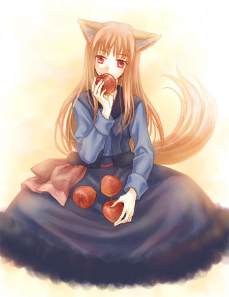 maroko, holo, spice and wolf, 00s, 1girl, animal ears, apple, female focus, food, fruit, holding, holding food, holding fruit, solo, tail, wolf ears, wolf tail