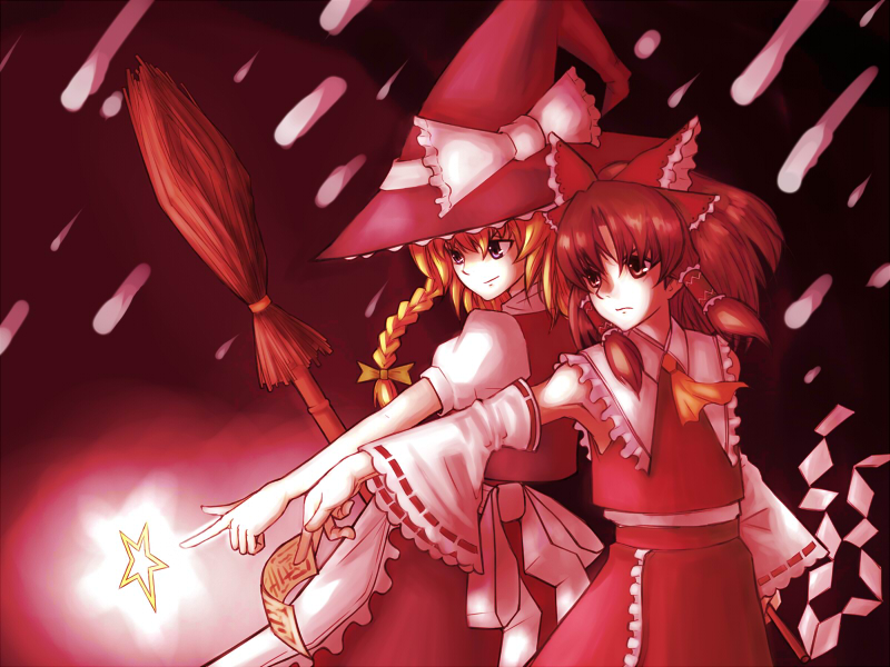 alioth (pixiv), arioto, hakurei reimu, kirisame marisa, touhou, bad id, bad pixiv id, 2girls, bamboo broom, blonde hair, broom, danmaku, detached sleeves, female focus, hat, multiple girls, star (symbol), witch hat