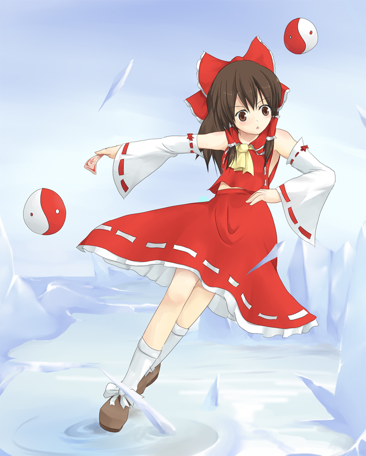 pizanuko, hakurei reimu, touhou, 1girl, ascot, detached sleeves, dress, female focus, frills, full body, hair ribbon, hair tubes, kneehighs, long sleeves, looking at viewer, outstretched arm, red dress, red ribbon, ribbon, ribbon-trimmed sleeves, ribbon trim, sidelocks, socks, solo, white socks, yin yang