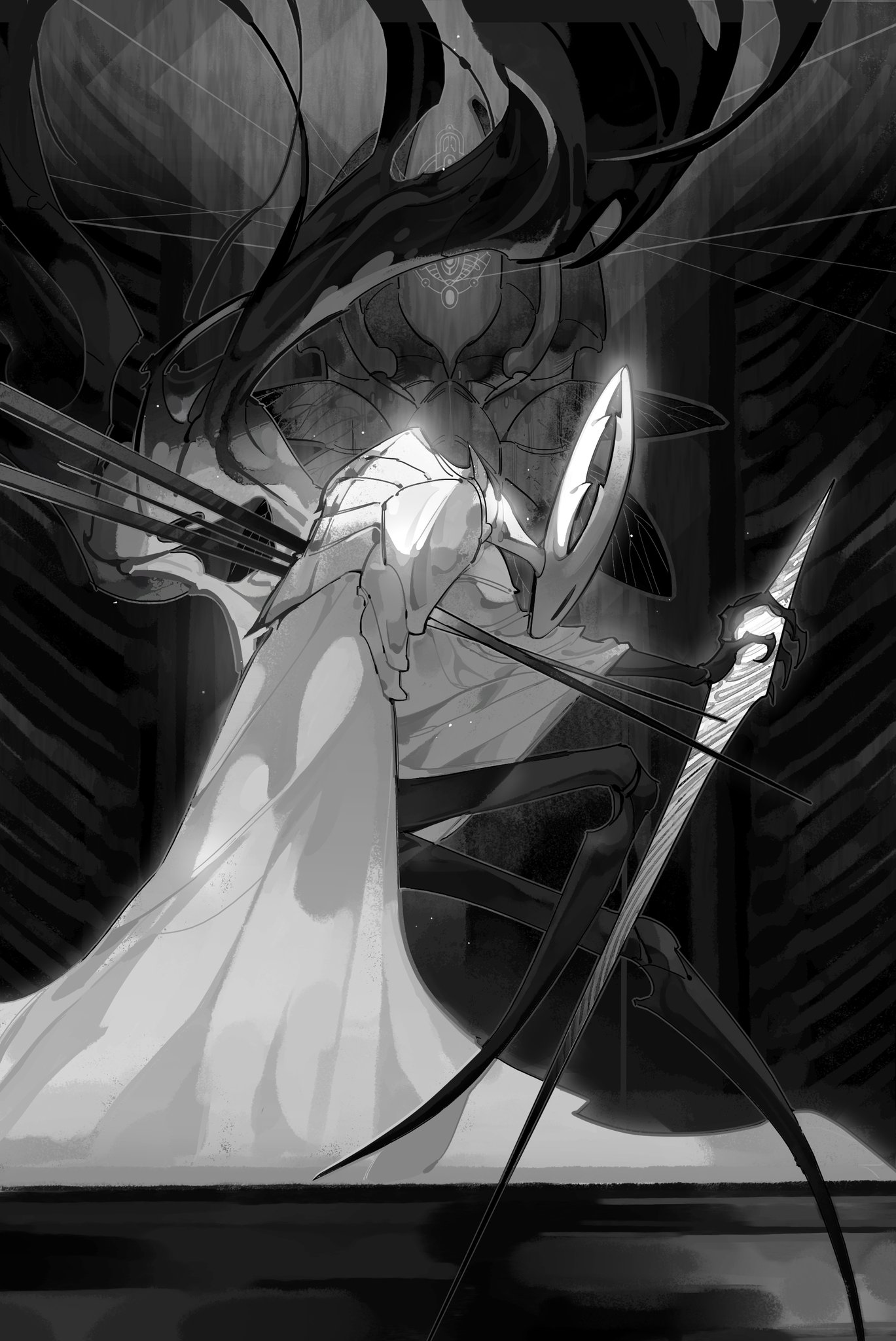 darkdog, hollow knight (character), hollow knight, highres, 1other, armor, black eyes, black skin, breastplate, cape, cloak, colored skin, holding, holding weapon, hollow eyes, horned mask, horns, impaled, mask, nail (hollow knight), pure vessel, shoulder armor, solo, weapon, white cape, white mask
