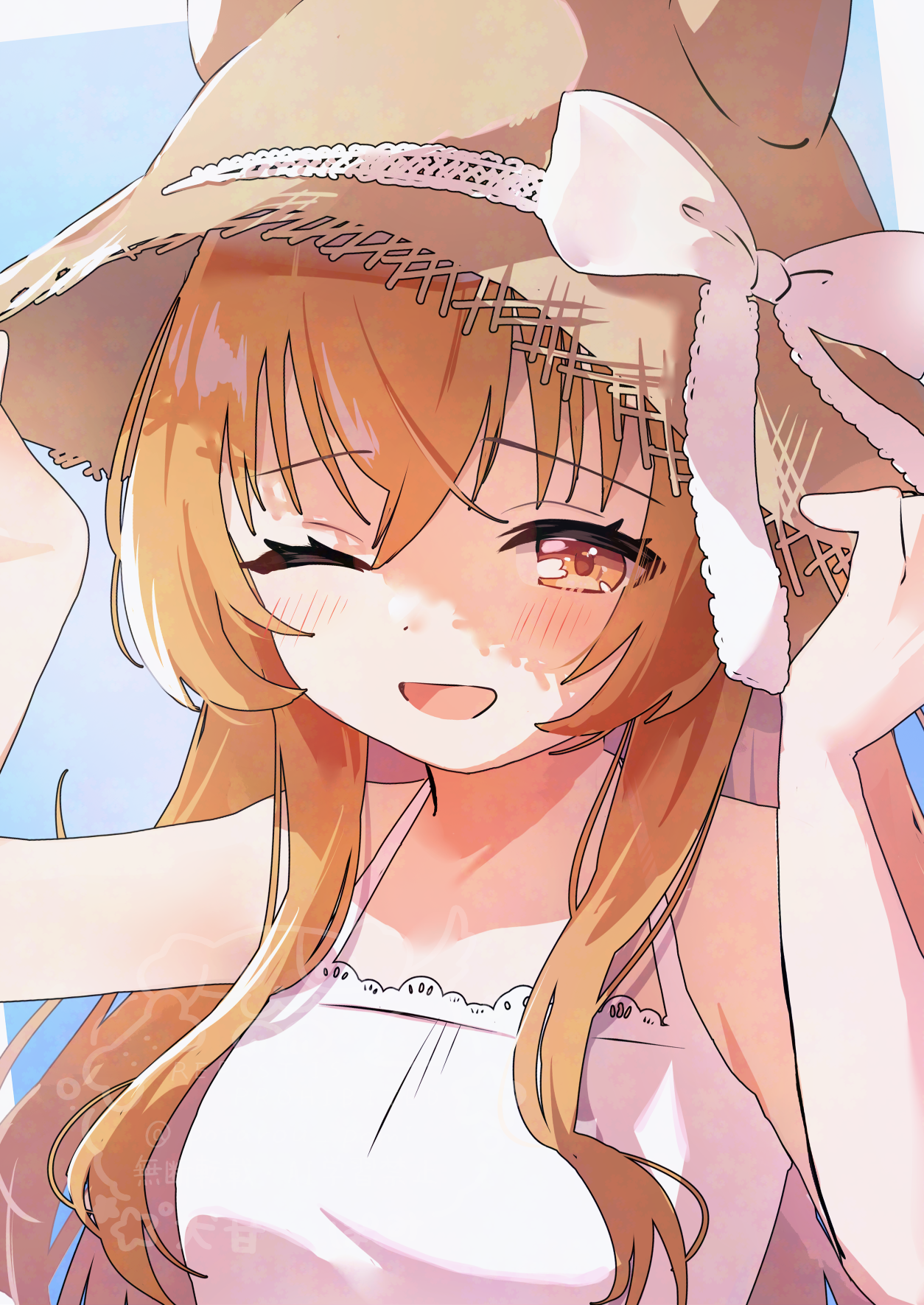 potarou pomi, mayano top gun (umamusume), umamusume, highres, 1girl, animal ears, bare arms, bare shoulders, blush, brown eyes, brown hat, dress, hair between eyes, hat, long hair, looking at viewer, one eye closed, open mouth, orange hair, shirt, sidelocks, sleeveless, sleeveless shirt, solo, sun hat, sundress, upper body, white shirt
