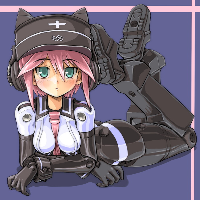 dd (ijigendd), murmeltier, busou shinki, bad id, bad pixiv id, 10s, boots, doll joints, green eyes, hat, joints, lying, on stomach, pink hair, solo, the pose