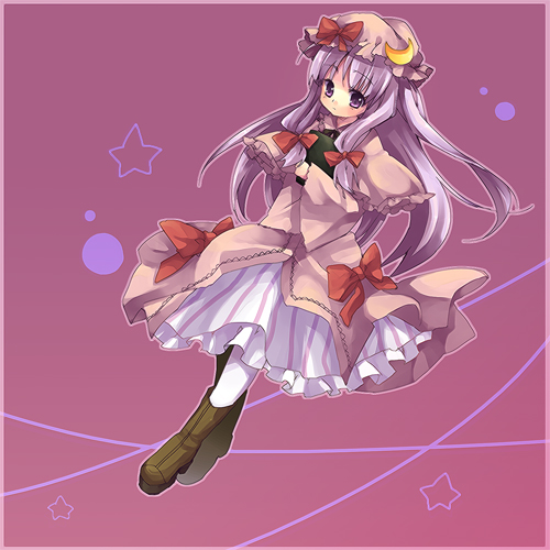 retei, patchouli knowledge, touhou, bad id, bad pixiv id, lowres, 1girl, female focus, full body, gradient background, hat, long hair, pantyhose, purple eyes, purple hair, ribbon, solo