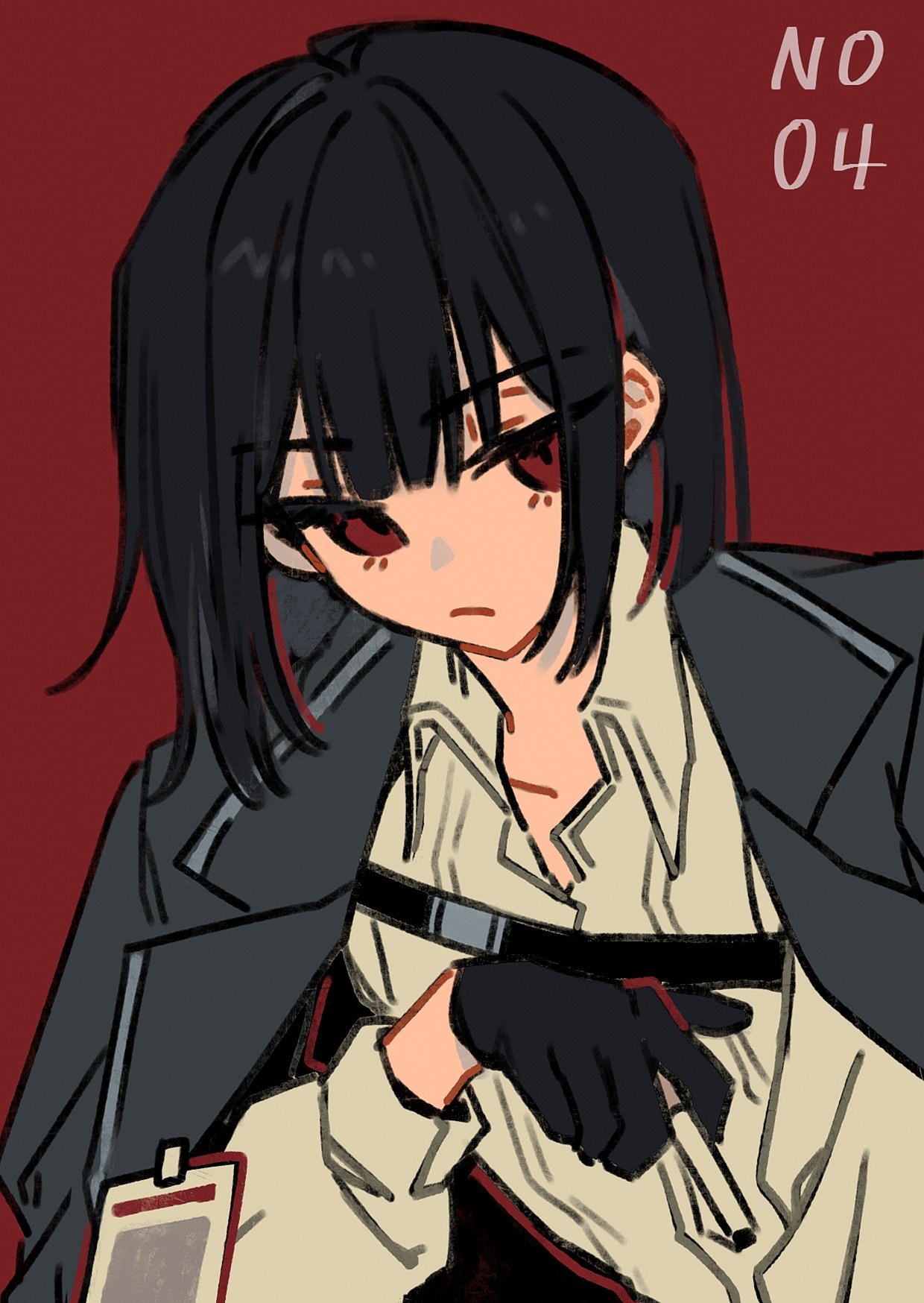 ryoshu (project moon), limbus company, project moon, highres, 1girl, black coat, black gloves, black hair, bob cut, cigarette, coat, coat on shoulders, collared shirt, gloves, holding, holding cigarette, id card, inlovewithyouni, lapels, notched lapels, shirt, short hair, solo, white shirt