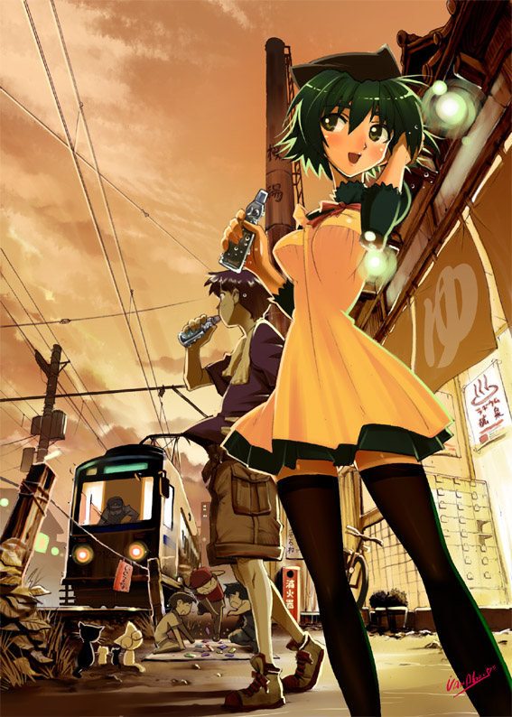 vania600, bad id, bad pixiv id, 1girl, 5boys, brown eyes, cat, drink, green hair, multiple boys, multiple unit train, ramune, short hair, sky, thighhighs, train, zettai ryouiki