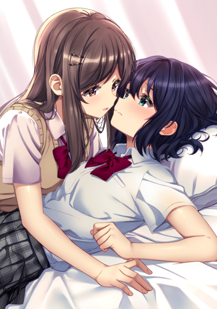 mad (hazukiken), adachi sakura, shimamura hougetsu, adachi to shimamura, commentary request, 2girls, blue eyes, blue hair, blush, bow, brown hair, closed mouth, collared shirt, eye contact, hair ornament, hairclip, head on pillow, imminent kiss, long hair, looking at another, lying, multiple girls, on back, open mouth, parted lips, pillow, plaid clothes, plaid skirt, purple eyes, red bow, school uniform, shirt, skirt, sweater vest, wavy mouth, white shirt, yuri