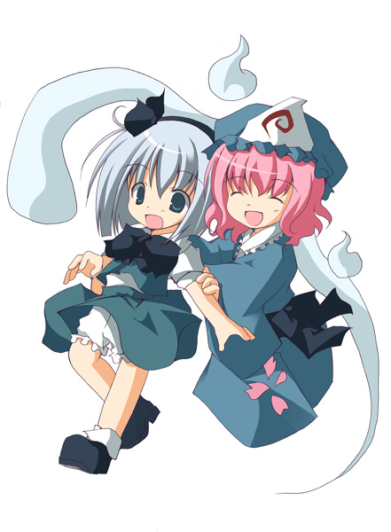 kiseki, mizuse kiseki, konpaku youmu, konpaku youmu (ghost), saigyouji yuyuko, touhou, silver hair, bad id, bad pixiv id, 2girls, aqua eyes, chibi, closed eyes, female focus, ghost, hairband, hat, hitodama, japanese clothes, kimono, multiple girls, pink hair, ribbon, short hair