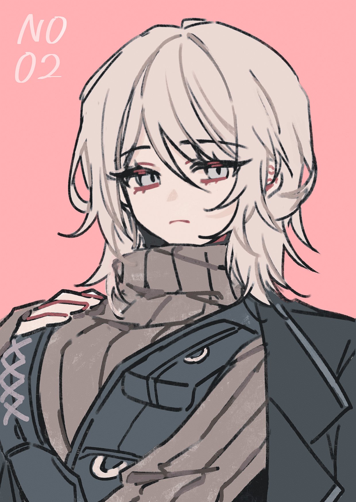 faust (project moon), limbus company, project moon, highres, 1girl, black coat, black vest, blue eyes, breasts, closed mouth, coat, expressionless, grey sweater, hand on own chest, inlovewithyouni, large breasts, looking at viewer, pink background, ribbed sweater, shirt, short hair, simple background, smile, solo, sweater, turtleneck, turtleneck sweater, vest, white shirt