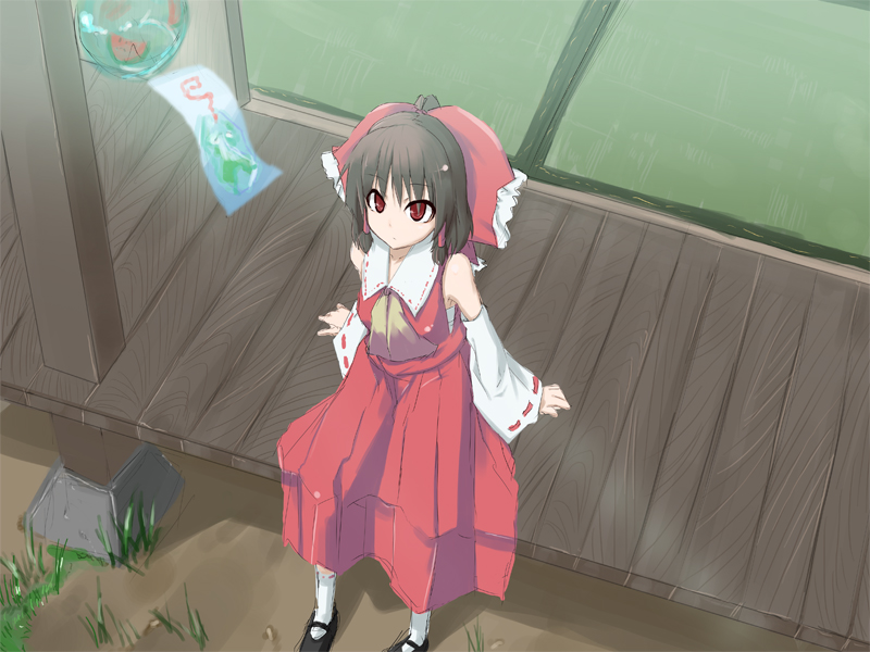 muranisaki, hakurei reimu, touhou, bad id, bad pixiv id, 1girl, female focus, japanese clothes, miko, nature, outdoors, plant, ribbon, solo