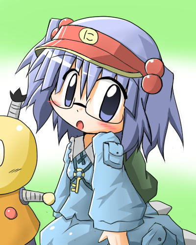 kuryu (turedure), kawashiro nitori, korosuke, google, kiteretsu daihyakka, touhou, bad id, bad pixiv id, lowres, 1girl, bespectacled, chibi, crossover, female focus, glasses, hair bobbles, hair ornament, hat, solo, two side up