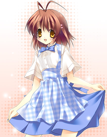 paco, furukawa nagisa, clannad, 00s, 1girl, antenna hair, apron, blouse, blue bow, blue bowtie, bow, bowtie, female focus, gingham apron, kobeya uniform, plaid apron, plaid clothes, shirt, skirt hold, solo, waitress, white shirt