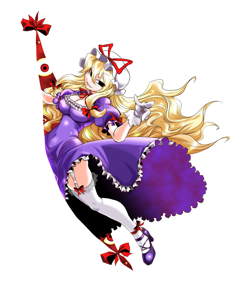 kobayashi tetsuya, yakumo yukari, touhou, lace-trimmed legwear, 1girl, black eyes, blonde hair, bow, breasts, cleavage, covered erect nipples, dress, female focus, gap (touhou), gloves, grin, hair bow, hat, hat ribbon, head tilt, high heels, hip focus, impossible clothes, impossible dress, lace, lace trim, legs, long hair, looking at viewer, pointing, pointing at viewer, puffy sleeves, purple dress, ribbon, shoes, simple background, skindentation, smile, solo, thighhighs, thighs, very long hair, white background, white gloves, white thighhighs, wide hips
