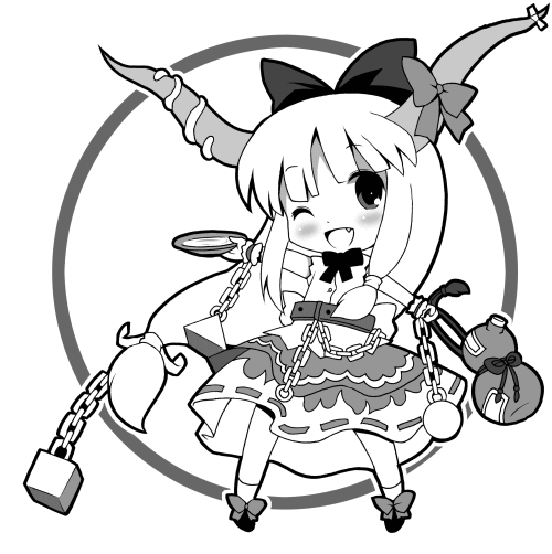 michii yuuki, ibuki suika, touhou, 1girl, chibi, female focus, full body, greyscale, monochrome, solo, white background