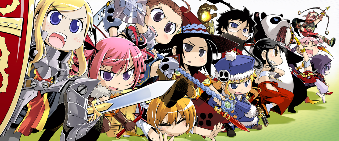 bakutendou, alchemist (sekaiju), alchemist 2 (sekaiju), bard (sekaiju), bard 2 (sekaiju), bushidou (sekaiju), bushidou 2 (sekaiju), curse maker, curse maker 2, dark hunter, dark hunter (sekaiju), dark hunter 4, doctor magus, doctor magus 2, gunner (sekaiju), gunner 2 (sekaiju), jack frost (megami tensei), magus (chrono trigger), medic (sekaiju), medic 2 (sekaiju), paladin (sekaiju), paladin 2 (sekaiju), pet (sekaiju), pet 4 (sekaiju), ranger, ranger (sekaiju), ranger 2 (sekaiju), swordsman (sekaiju), swordsman 4 (sekaiju), atlus, etrian odyssey, final fantasy, sekaiju no meikyuu, sekaiju no meikyuu 2, looking away, annotated, 6+girls, :<, :d, :o, = =, ahoge, alchemist, androgynous, angry, arm up, armlet, armor, armpits, arrow (projectile), bag, bard, black eyes, black hair, blonde hair, blue eyes, blush, boots, bow (weapon), bracer, brown hair, buttons, chibi, clenched teeth, cloak, closed eyes, coat, crossover, d:, drill hair, duffel bag, elbow gloves, everyone, fangs, fantasy, fighting stance, flat chest, foreshortening, fur trim, gem, glasses, gloves, glowing, grass, greaves, gun, hair ribbon, handgun, hat, holding, hood, jewelry, jumping, knee boots, lineup, long hair, lying, magic, multiple girls, naughty face, no panties, no shirt, on stomach, open mouth, opposing sides, orange hair, outdoors, outstretched arms, paladin, panda, parody, pink hair, pistol, ponytail, profile, purple eyes, purple hair, ribbon, rope, samurai, sandals, sarashi, shadow, shield, short hair, shorts, side slit, smile, smiley face, socks, spiked hair, spread legs, staff, strap, sweatdrop, swept bangs, sword, tabard, teeth, tripping, twin drills, twintails, weapon, whip, wince, witch hat