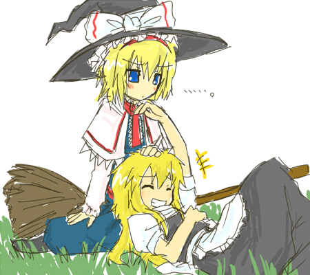 yomegane, alice margatroid, kirisame marisa, touhou, hand on head, lowres, 2girls, broom, female focus, grin, hat, lap pillow, lying, multiple girls, nature, outdoors, plant, sitting, skirt, smile, white background