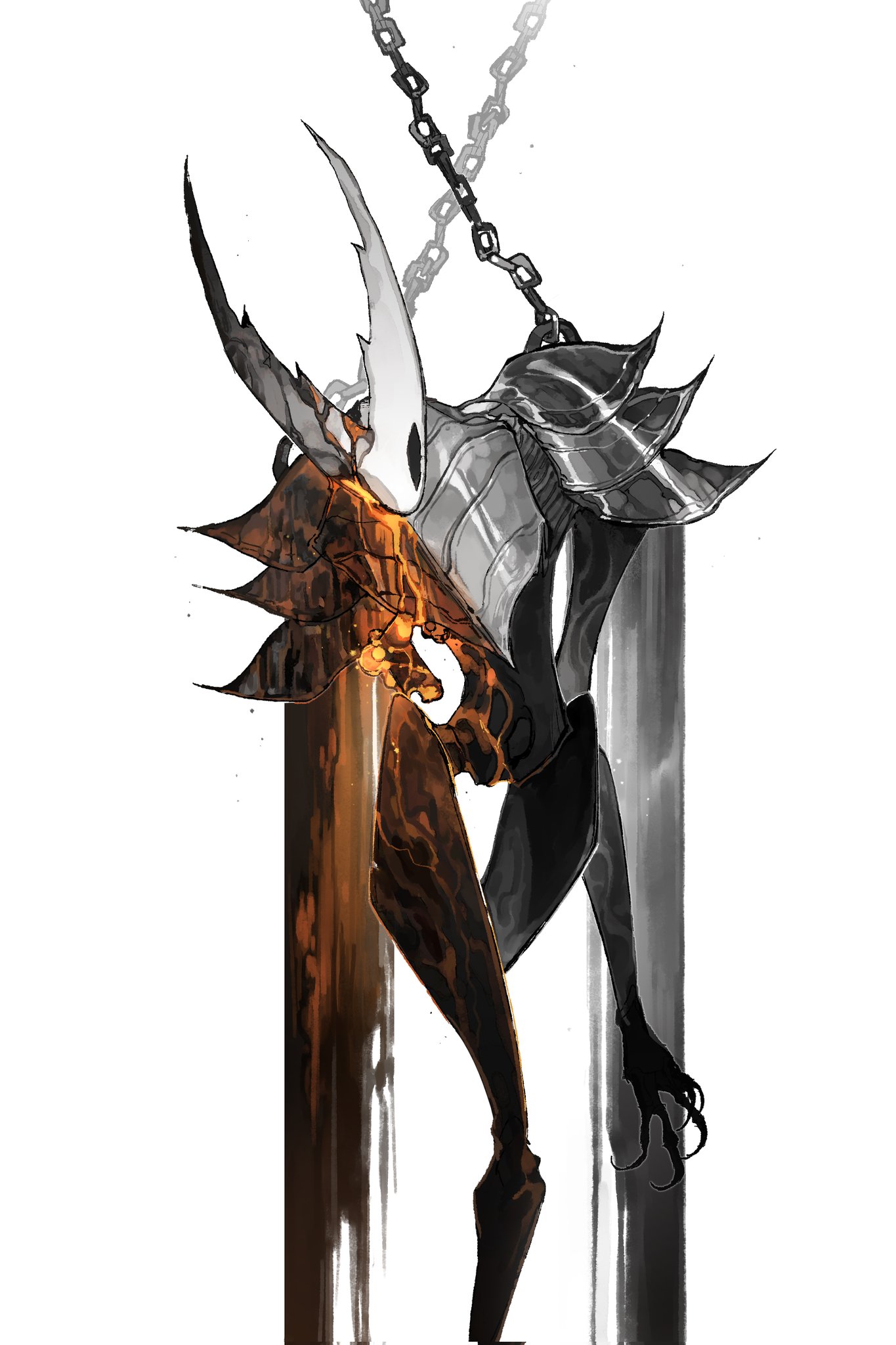 darkdog, hollow knight (character), hollow knight, highres, 1other, armor, black eyes, black skin, blood, breastplate, cape, chain, cloak, colored skin, cracked mask, grey cape, hollow eyes, horned mask, horns, liquid from eyes, mask, orange blood, pure vessel, shoulder armor, solo, white background, white mask, yellow eyes