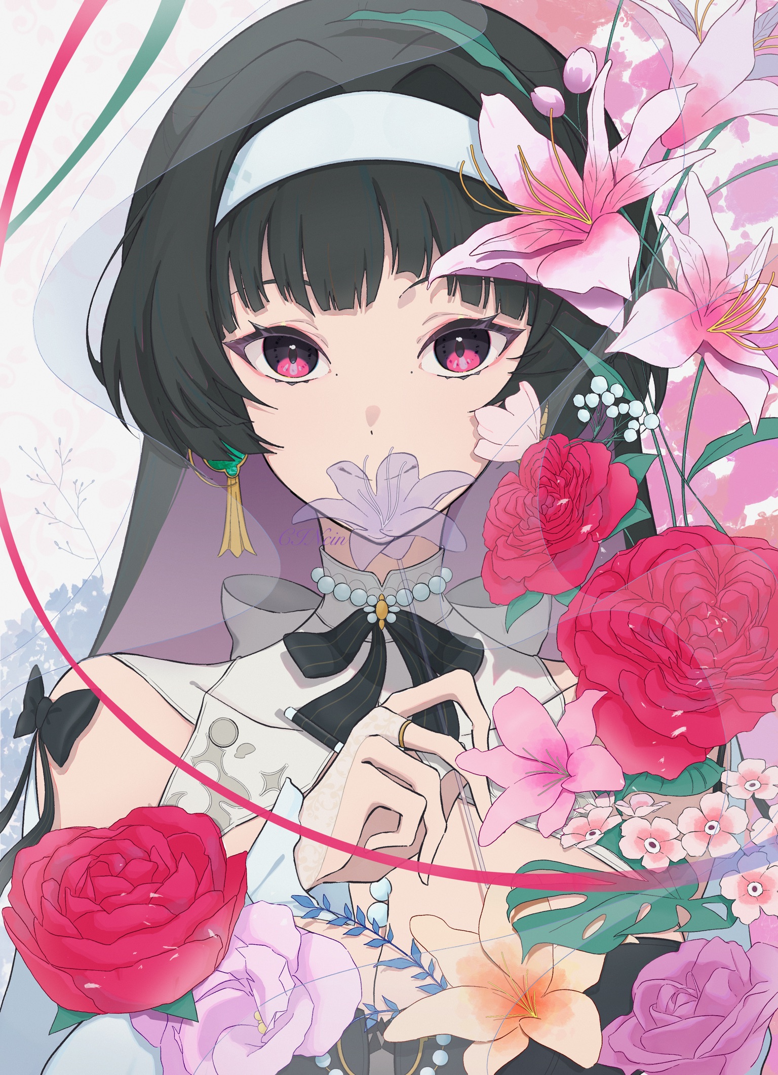 astra yao, astra yao (chandelier), zenless zone zero, highres, 1girl, bead necklace, beads, black hair, blunt bangs, cincin, earrings, flower, hairband, jewelry, looking at viewer, mole, mole under eye, necklace, off shoulder, red eyes, solo, white hairband