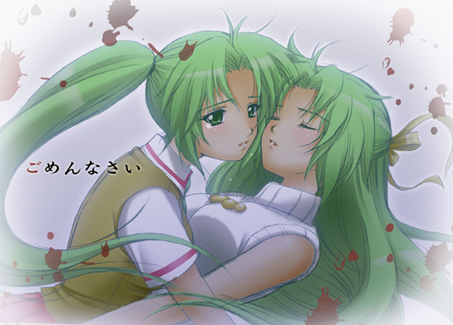 hiyori (nyatto), sonozaki mion, sonozaki shion, higurashi no naku koro ni, 00s, 2girls, blood, closed eyes, green eyes, green hair, half updo, hug, long hair, multiple girls, ponytail, siblings, sisters, twins