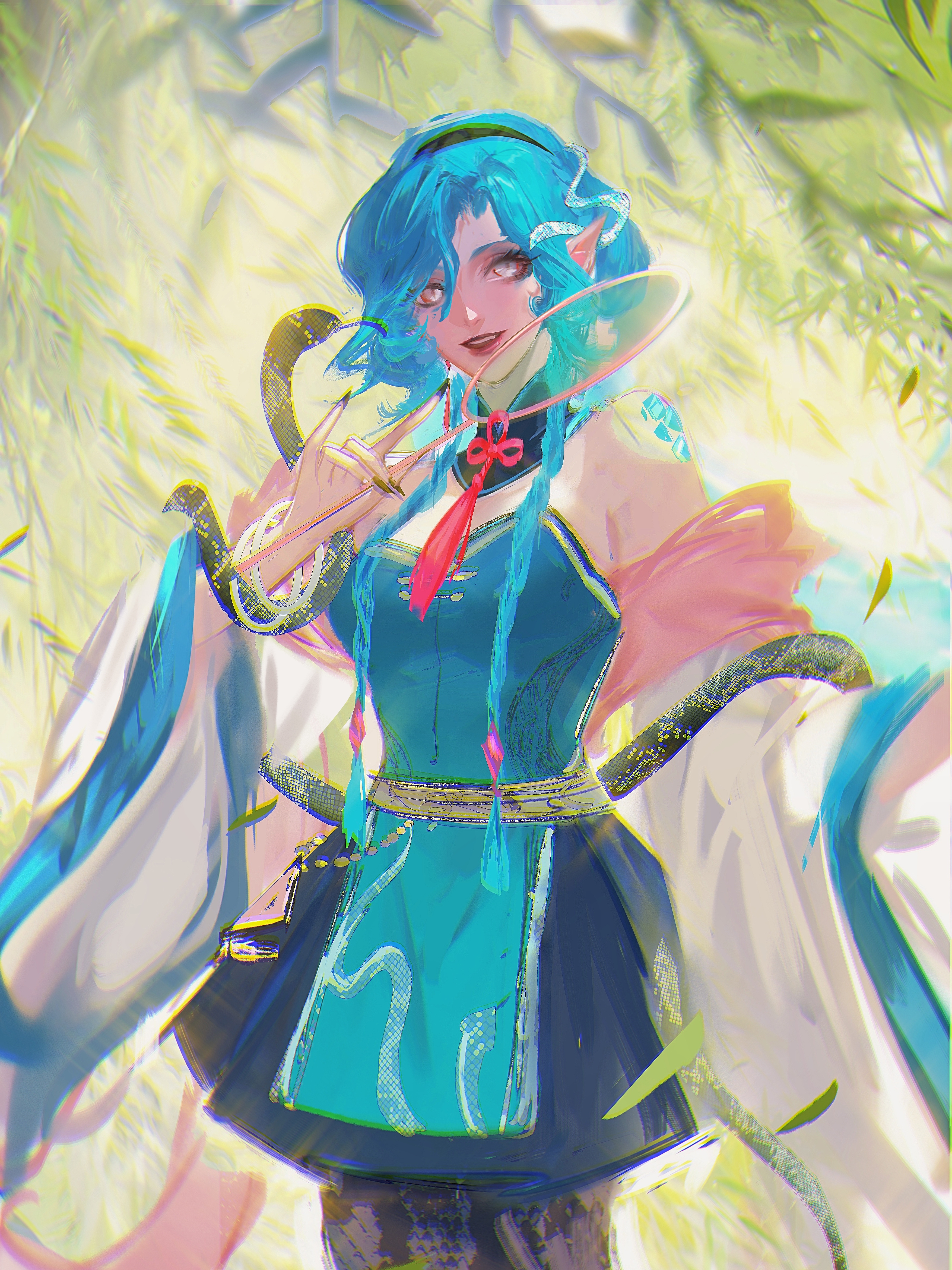 qingci, serpent (path to nowhere), path to nowhere, absurdres, chinese commentary, commentary, highres, 1girl, alternate costume, aqua hair, bamboo, bamboo forest, bamboo leaf, bare shoulders, black hairband, blue dress, chinese knot, chromatic aberration, cowboy shot, detached collar, detached sleeves, dress, fingernails, forest, fox shadow puppet, grey eyes, hair over one eye, hairband, hand fan, nail polish, nature, pink shawl, print dress, sash, sharp fingernails, shawl, short dress, slit pupils, snake hair, snake print, solo, strapless, strapless dress, wide sleeves