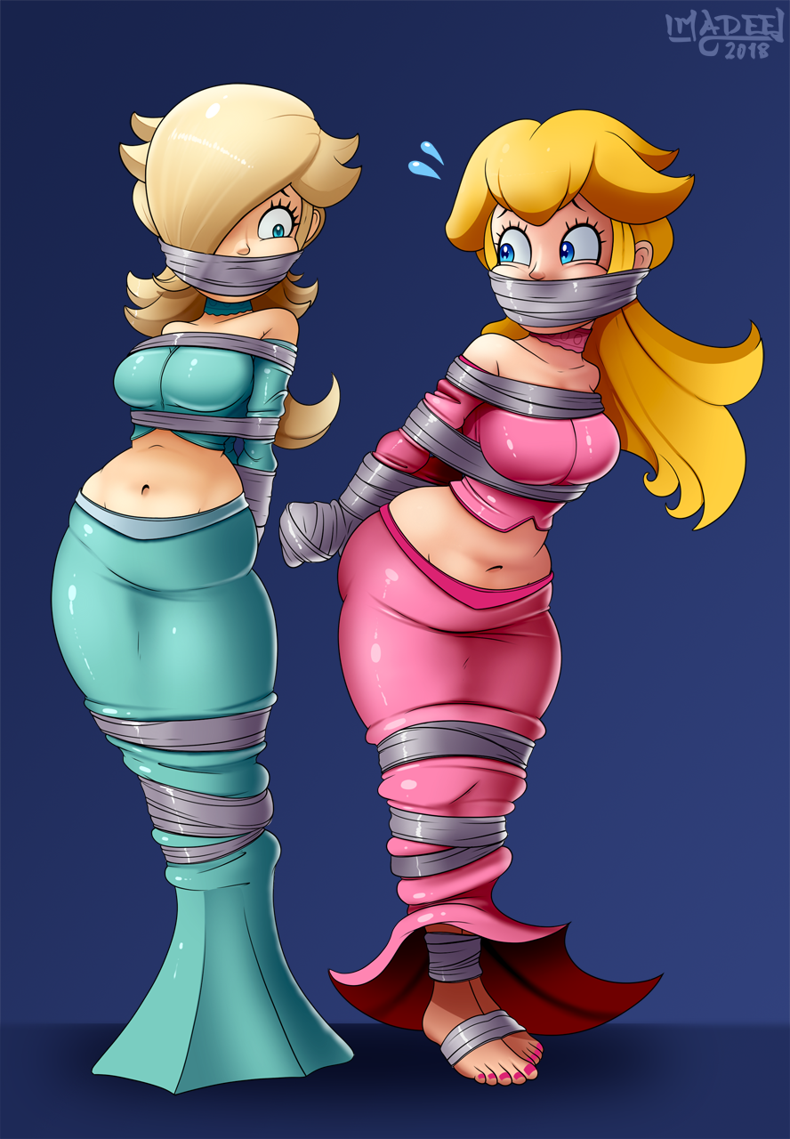 imadeej, princess peach, rosalina, original, highres, non-web source, arms behind back, ball gag, bdsm, belly, bondage, bound, collarbone, gag, gagged, improvised gag, midriff, navel, tape, tape bondage, tape gag, taped arms, taped fingers, taped hands, taped legs