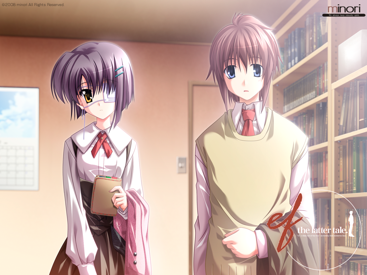 asou renji, shindou chihiro, ef (visual novel), 00s, blue eyes, brown hair, eyepatch, purple hair, short hair