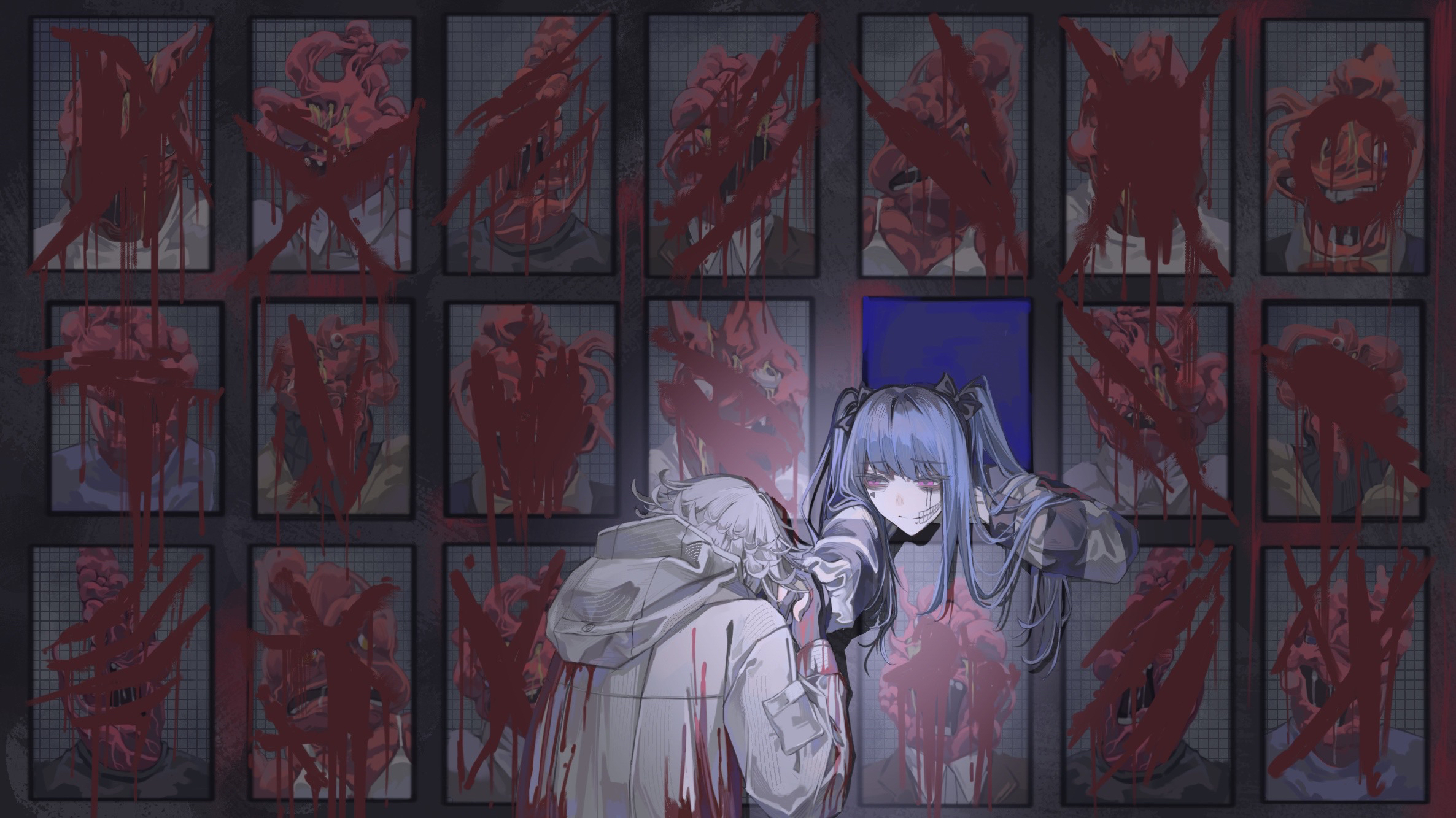amemiya darumi, aotsuki eito, the hundred line -last defense academy-, chinese commentary, commentary request, highres, spoilers, 1boy, 1girl, black bow, black gloves, black hair, blood, blood on clothes, blood on gloves, blue hair, bow, chin piercing, face piercing, facial mark, gloves, grey hair, hair bow, heart, heart facial mark, hood, hooded jacket, jacket, long hair, makeup, monster, multicolored hair, piercing, pink eyes, portrait (object), roots (hair), runny makeup, short hair, sleeve pouch, smile, striped clothes, twintails, white jacket, xinjinjumin984652419828